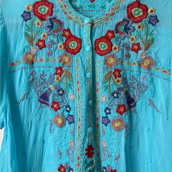 Johnny Was Turquoise Floral Embroidered Boho Tunic, Size Large - Picture 5 of 10
